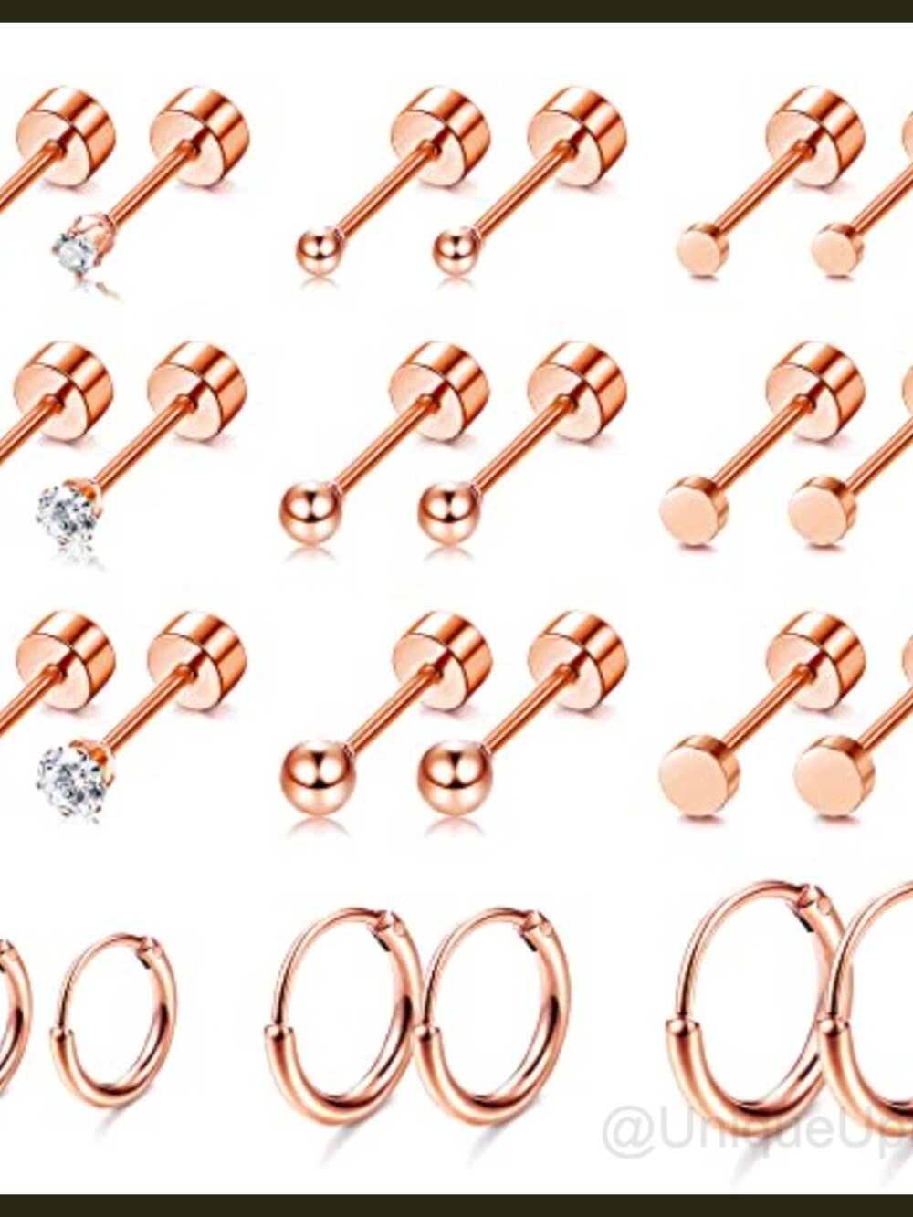 14K Gold Plated Stud Hoop Earring Set Surgical Steel Tiny Cartilage 9 Pairs